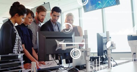 Poster - Animation of data processing and diagrams over diverse business people discussing work