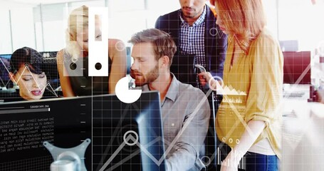 Poster - Animation of data processing and diagrams over diverse business people discussing work