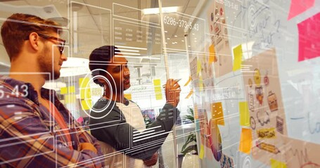 Poster - Animation of data processing and diagrams over diverse business people discussing work