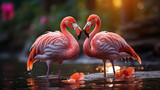Fototapeta Panele - Couple of pink flamingos in love standing in water on festive background with flowers