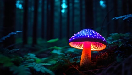 Wall Mural - Mysterious neon mushrooms beautifully glowing in a dark forest. Bioluminescent pink mushrooms glow -  Enchanted beauty of nature.