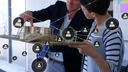 Poster - Animation of network of connections over caucasian business people discussing work with model