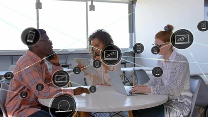 Poster - Animation of network of connections with icons over diverse business people discussing work