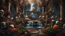 Fountain In The Park Horror Mural Of A Haunted Landscape, With Wilted Flowers, Thorns, Bones, Skulls,  