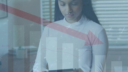 Poster - Animation of data processing and diagrams over biracial woman using tablet