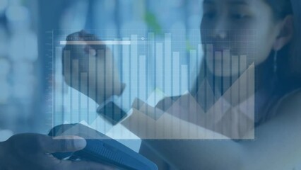 Poster - Animation of data processing and diagrams over biracial woman paying with smartwatch