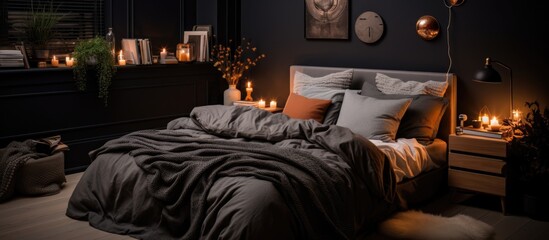 Poster - Real photo of a cozy bed with ginger bedding, gray blanket, and pillows in a dark bedroom with black bedside tables, watercolor posters, and elegant decorations.