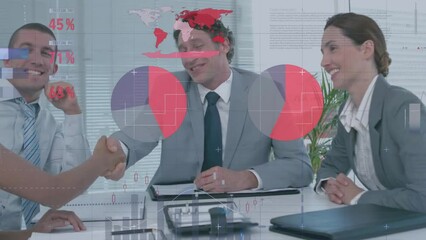 Poster - Animation of data processing and diagrams over diverse business people shaking hands