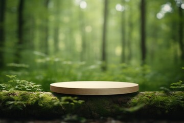 Wall Mural - empty wooden tabletop podium in garden open forest, blurred green plants background with space. organic product presents natural placement pedestal display, spring and summer concept.