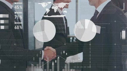 Sticker - Animation of data processing and diagrams over diverse businessmen shaking hands