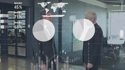 Poster - Animation of data processing and diagrams over caucasian businessmen shaking hands
