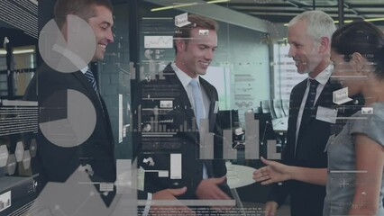 Poster - Animation of data processing and diagrams over diverse business people shaking hands