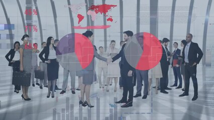 Poster - Animation of data processing and diagrams over diverse business people shaking hands