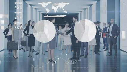 Poster - Animation of data processing and diagrams over diverse business people shaking hands