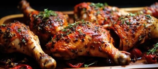 Sticker - Close-up of spicy pepper and herb roasted chicken drumsticks.