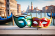 Two carnival masks, blurred background of Venice