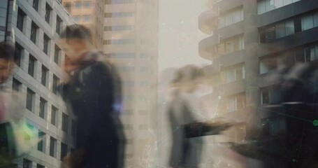 Poster - Animation of white spots over cityscape and people walking