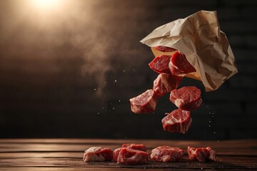 A paper bag from which raw steaks fly upward on bright background