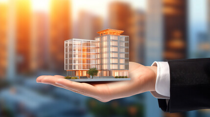 Hand Holding Mini Office Building with Corporate Bokeh A 3D illustration of a hand presenting a mini office building model against a corporate-style bokeh background