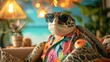 A relaxed portrait of a turtle wearing a Hawaiian shirt, complete with sunglasses, set in a beach-themed studio with tropical decorations