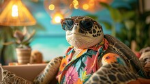 A Relaxed Portrait Of A Turtle Wearing A Hawaiian Shirt, Complete With Sunglasses, Set In A Beach-themed Studio With Tropical Decorations