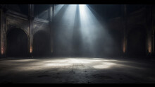 Abandoned Theater Stage With Concrete Floor An Abandoned Theater Stage Featuring A Grunge Concrete Floor, Shrouded In Fog And Stage Lighting Suitable For Theatrical Marketing Or Dramatic