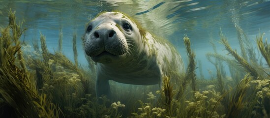 Sticker - Underwater feeding of seagrass by Dugong dugon.