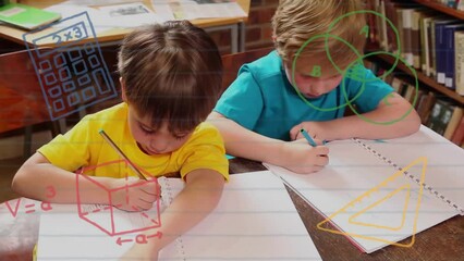 Poster - Animation of school items icons over caucasian schoolboys drawing in classroom