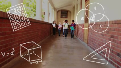Fototapete - Animation of school items icons over diverse schoolchildren walking