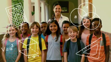Fototapete - Animation of school items icons over diverse schoolchildren smiling with female teacher