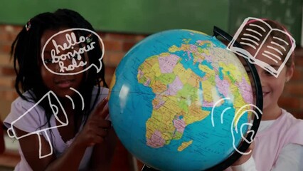 Poster - Animation of school items icons over diverse schoolchildren using globe in classroom
