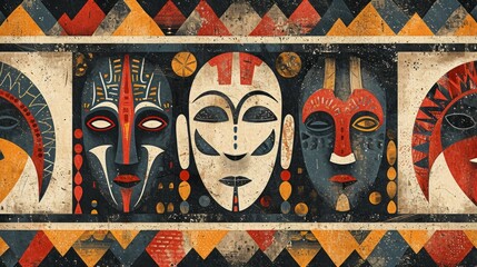 Wall Mural - An intricate border inspired by African tribal art, incorporating bold geometric patterns, tribal masks, and earthy color palettes.