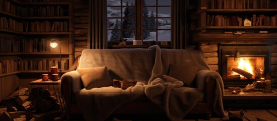 Wall Mural - Teenager reading book on cozy sofa in log house on winter evening.