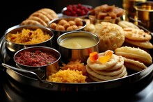 A Vibrant Display Of Indian Sweets And Snacks, Beautifully Arranged In Shiny Stainless Steel Bowls On A Black Background, Invoking The Spirit Of A Festive Indian Thali