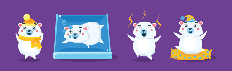 Sticker - Funny White Bear Character Engaged in Different Activity Vector Set