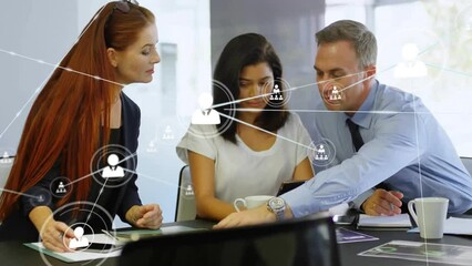 Poster - Animation of network of connections over diverse business people discussing work in office