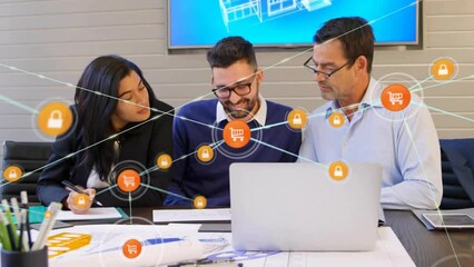 Poster - Animation of network of connections over diverse business people discussing work in office