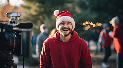 Poster - Filmmaker in Santa hat directs outdoor shoot with creative crew