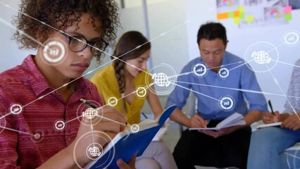 Poster - Animation of network of connections over diverse business people taking notes in office