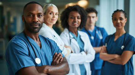 Wall Mural - Diverse group of medical professionals, with a doctor in a white lab coat and stethoscope at the forefront, smiling at the camera.