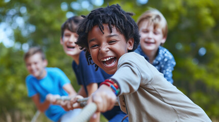 A group of kids in a tug-of-war game