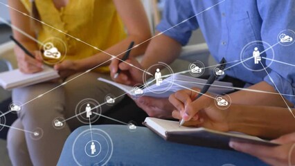 Poster - Animation of network of connections over diverse business people taking notes in office