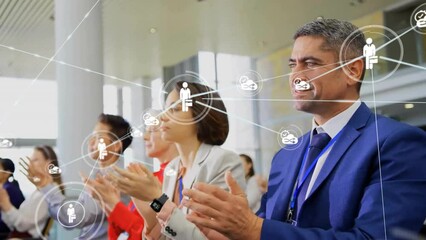 Poster - Animation of network of connections over diverse business people clapping hands in office