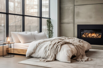 Wall Mural - Bedroom with a fireplace and large window in minimal style