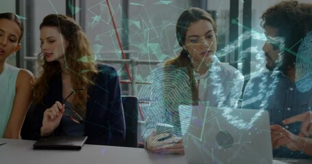 Poster - Animation of shapes, padlock and fingerprint over diverse business people discussing work in office