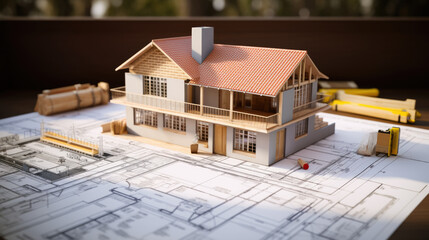 Wall Mural - Detailed architectural model of a house with exposed wooden beams on top of building plans