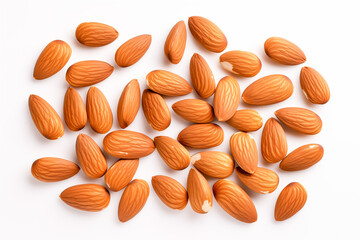 Top view of raw ripe almonds on white background