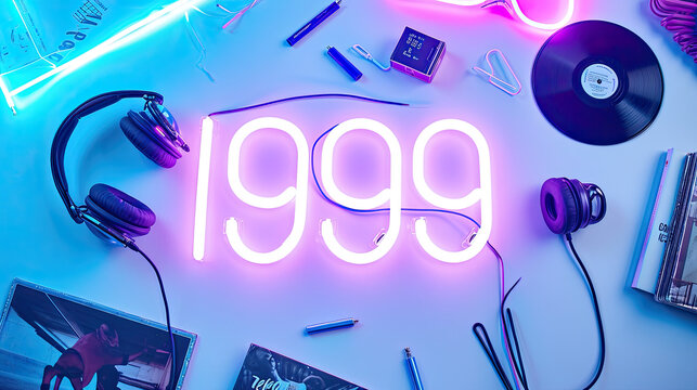 1999 year in purple neon letters, graphic banner