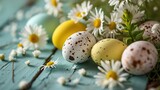 Fototapeta Mapy - Easter eggs with daisies on the blue wooden table