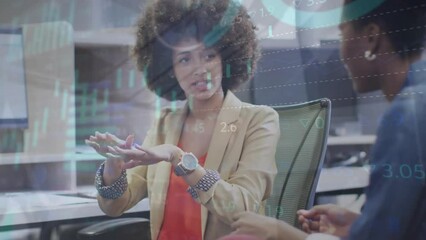 Poster - Animation of data processing over diverse casual businesswomen talking at office
